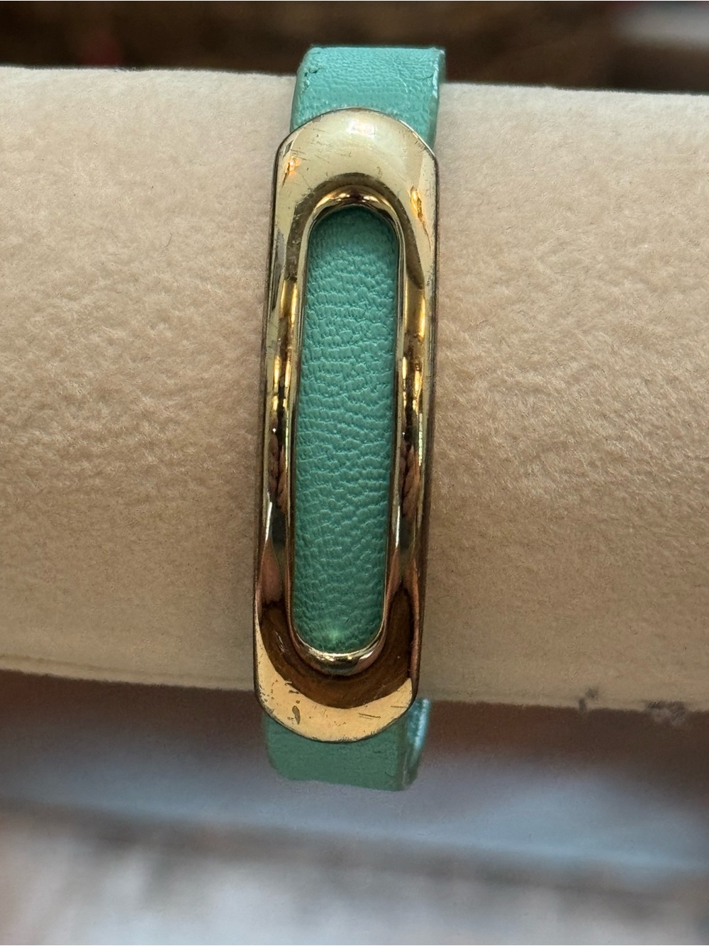 Turquoise Aqua Leather Gold Tone Modern Bracelet